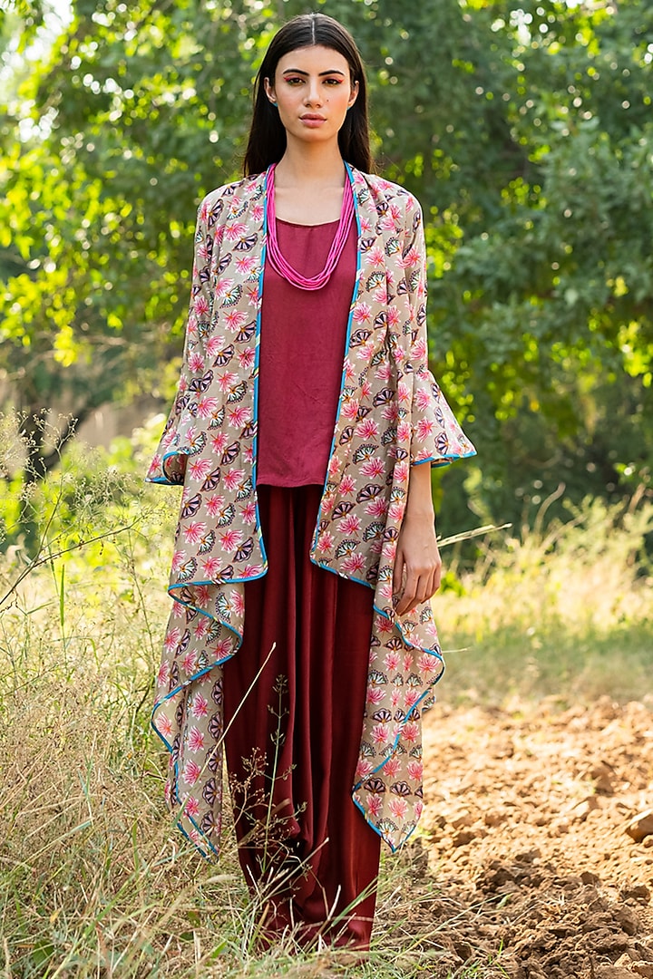 Beige Printed Overlay Jacket Set by Swati Vijaivargie at Pernia's Pop Up Shop