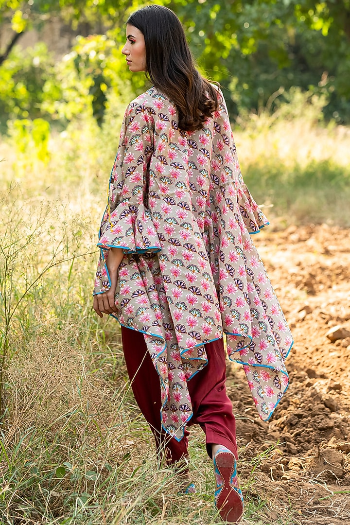 Beige Printed Overlay Jacket Set by Swati Vijaivargie at Pernia's Pop Up Shop