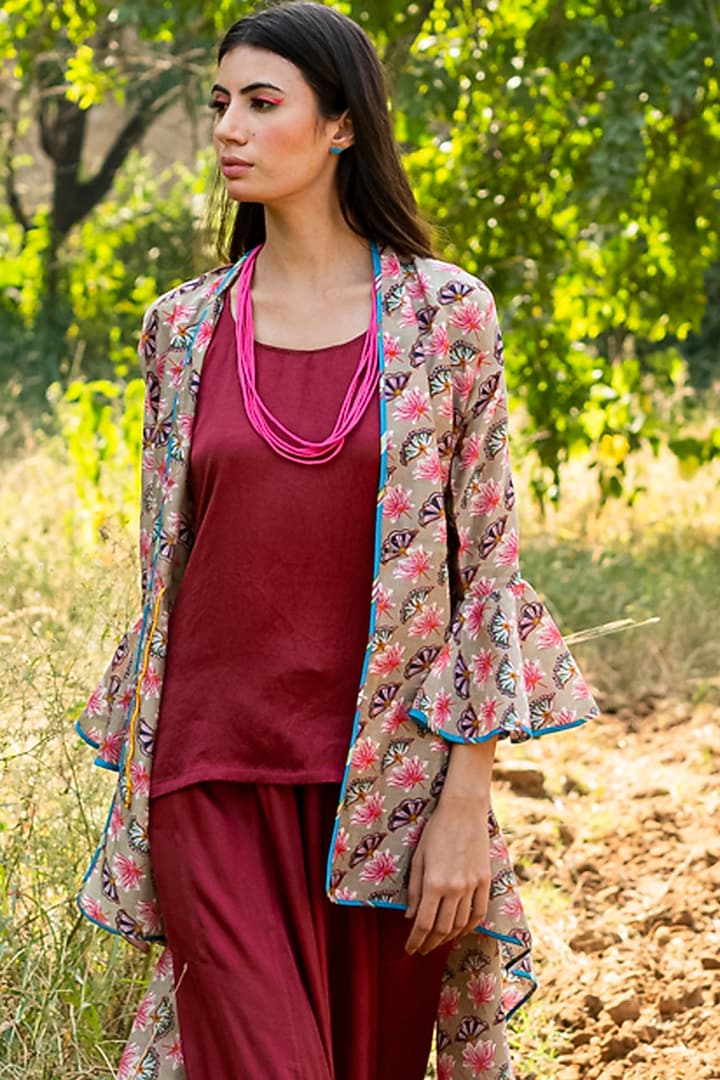 Beige Printed Overlay Jacket Set by Swati Vijaivargie at Pernia's Pop Up Shop