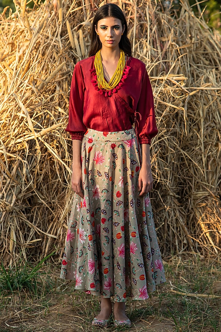 Maroon & Beige Printed Skirt Set by Swati Vijaivargie at Pernia's Pop Up Shop