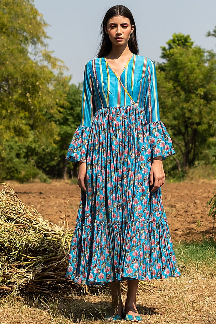 Turquoise Block Printed Dress by Swati Vijaivargie