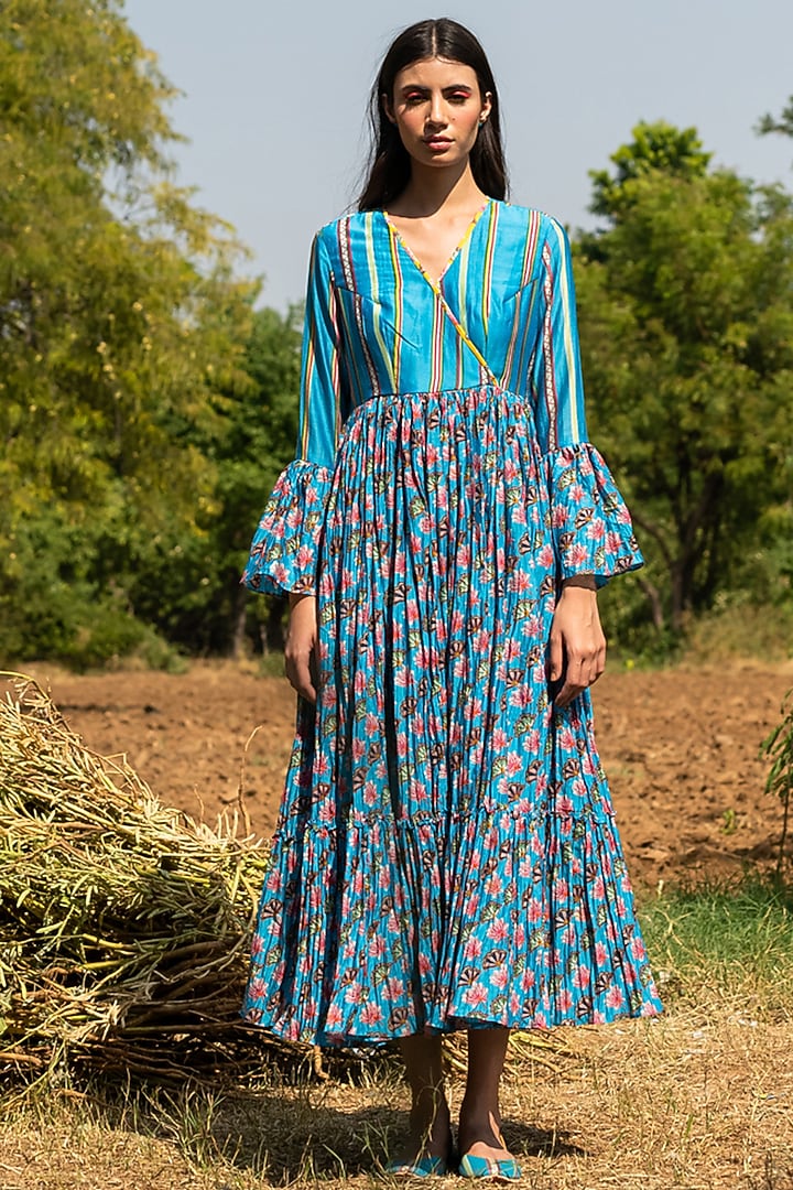 Turquoise Silk Chanderi Block Printed Midi Vacation Dress by Swati Vijaivargie at Pernia's Pop Up Shop