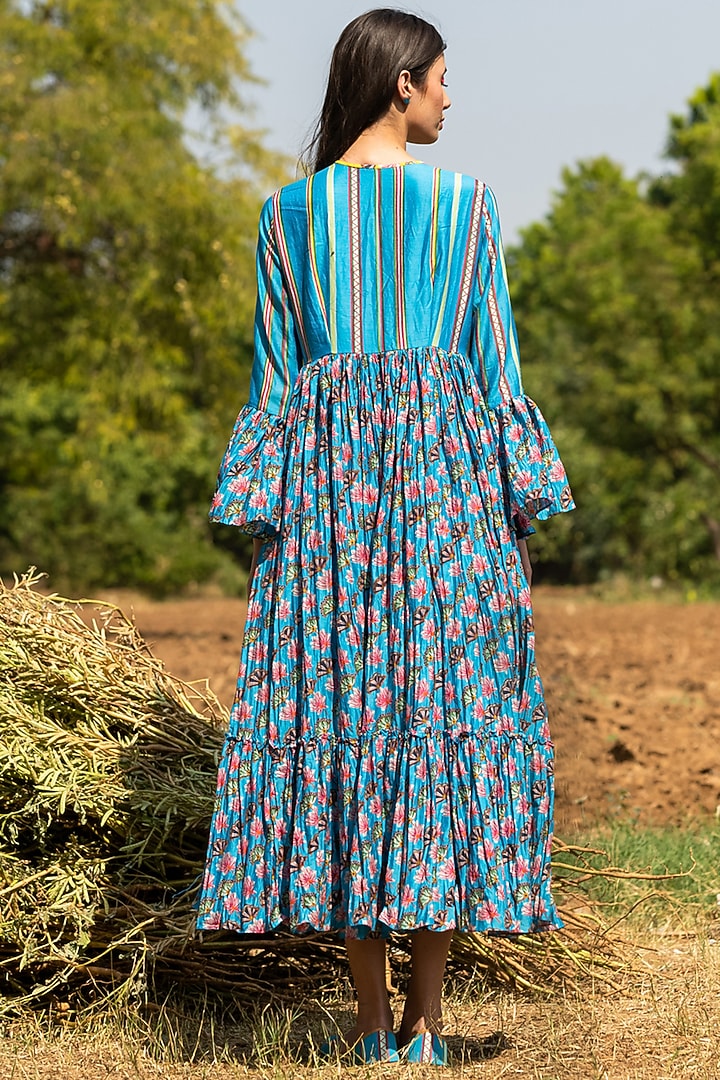 Turquoise Silk Chanderi Block Printed Midi Vacation Dress by Swati Vijaivargie at Pernia's Pop Up Shop