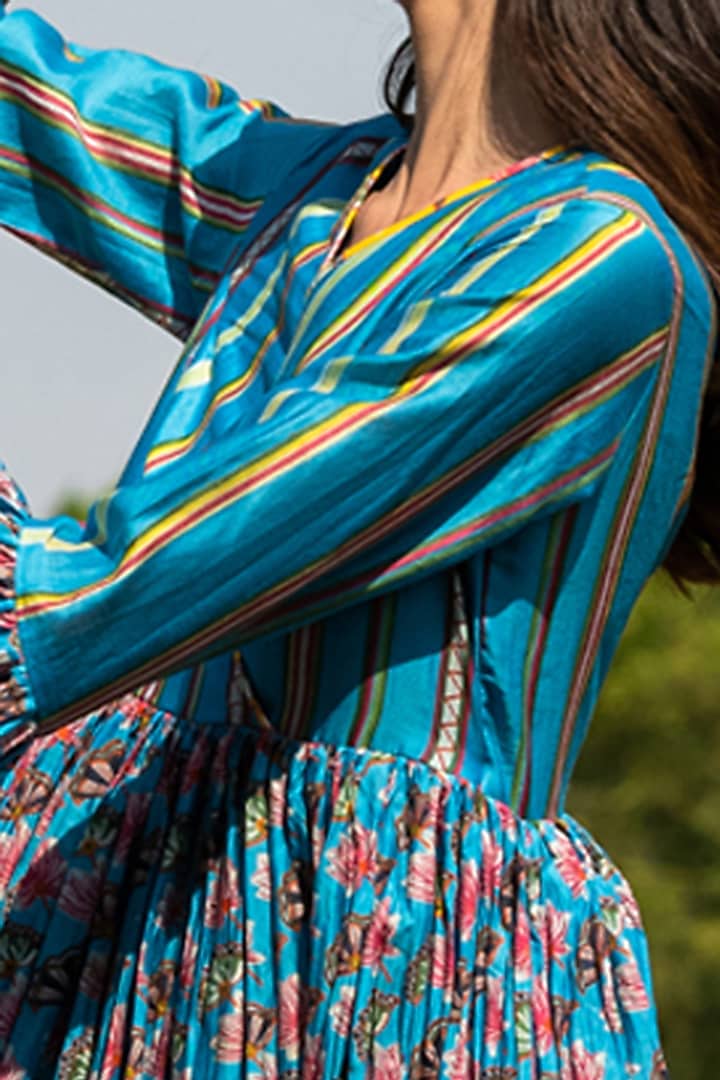 Turquoise Silk Chanderi Block Printed Midi Vacation Dress by Swati Vijaivargie at Pernia's Pop Up Shop