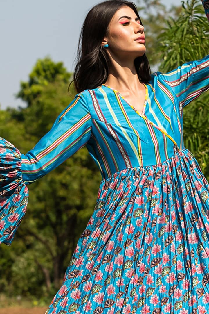 Turquoise Silk Chanderi Block Printed Midi Vacation Dress by Swati Vijaivargie at Pernia's Pop Up Shop
