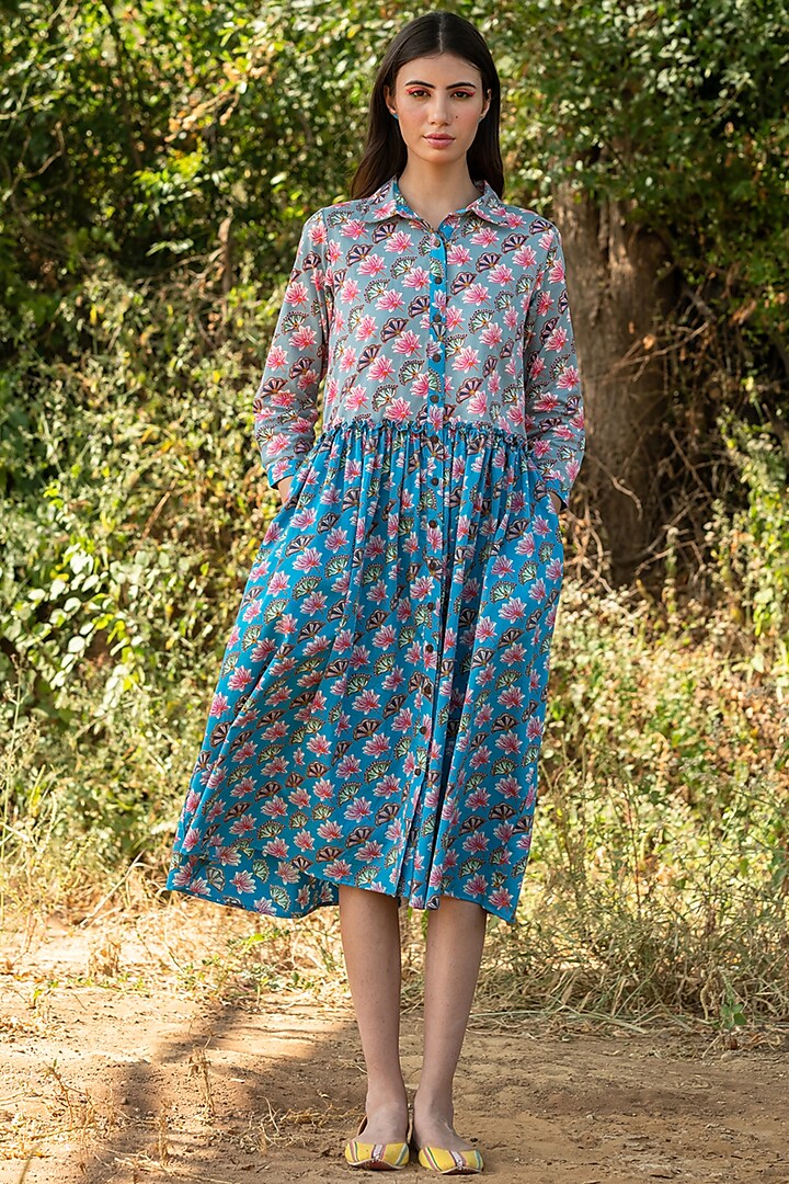 Turquoise Cotton Satin Printed Dress by Swati Vijaivargie