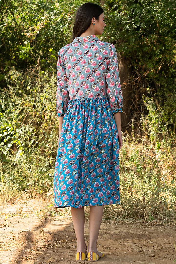Turquoise Cotton Satin Block Printed Midi Summer Dress by Swati Vijaivargie at Pernia's Pop Up Shop