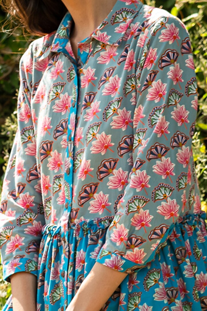 Turquoise Cotton Satin Block Printed Midi Summer Dress by Swati Vijaivargie at Pernia's Pop Up Shop