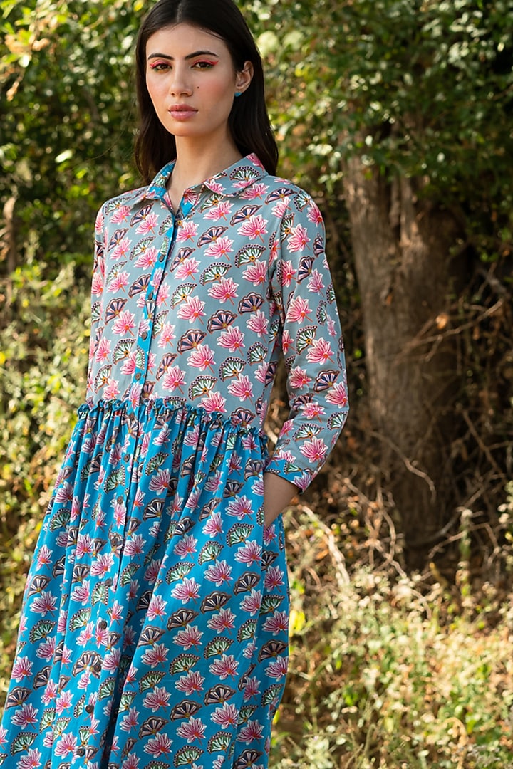 Turquoise Cotton Satin Block Printed Midi Summer Dress by Swati Vijaivargie at Pernia's Pop Up Shop
