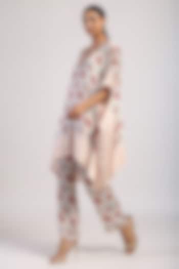 Ivory Satin Hand Embroidered Draped Poncho Set by Swati Vijaivargie at Pernia's Pop Up Shop