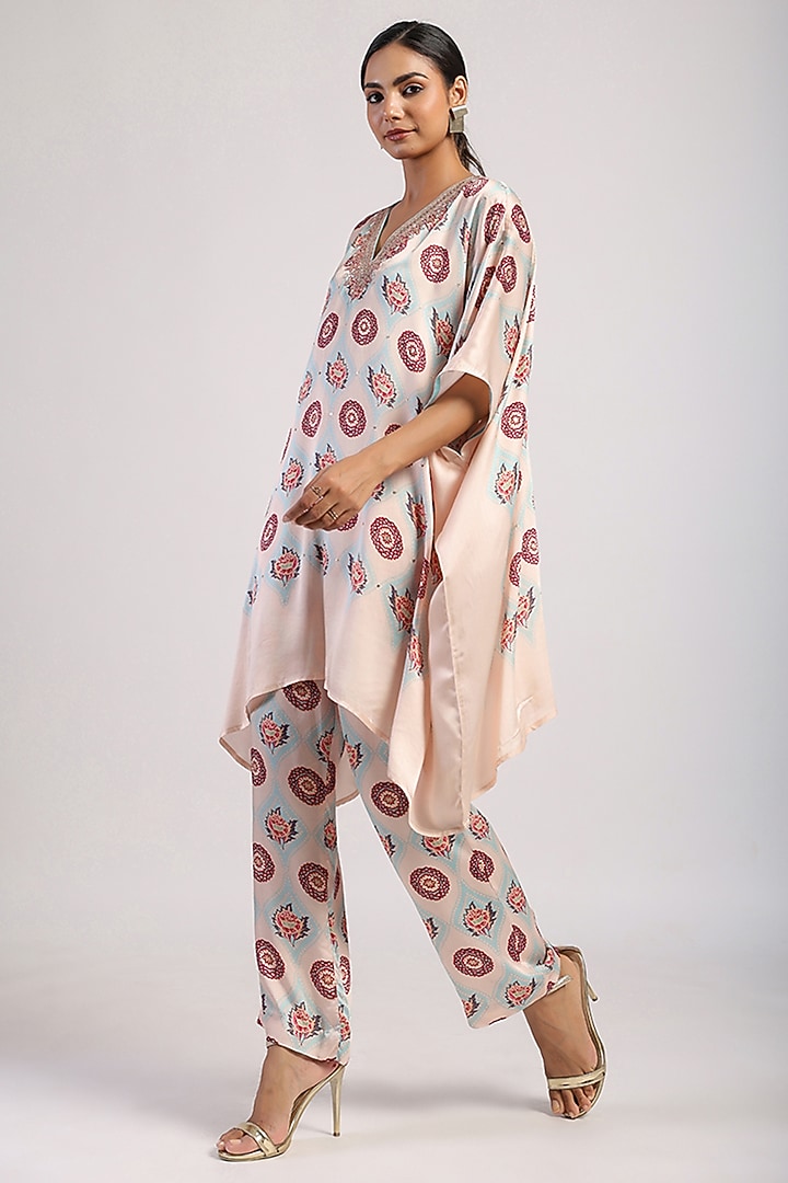 Ivory Satin Hand Embroidered Draped Poncho Set by Swati Vijaivargie at Pernia's Pop Up Shop