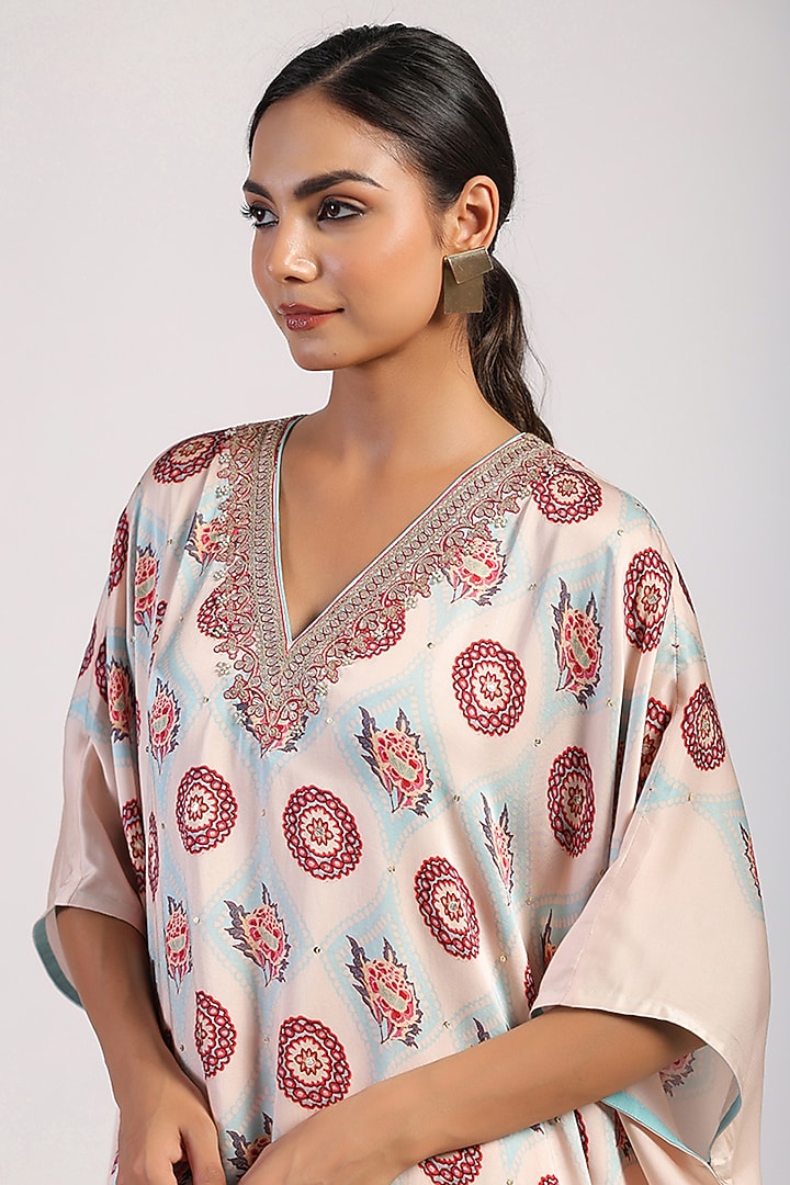 Ivory Satin Hand Embroidered Draped Poncho Set by Swati Vijaivargie at Pernia's Pop Up Shop