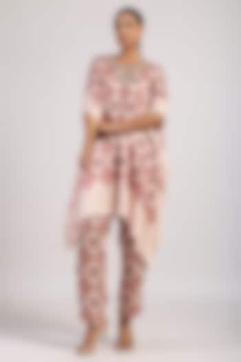 Ivory & Brown Satin Hand Embroidered Draped Poncho Set by Swati Vijaivargie at Pernia's Pop Up Shop