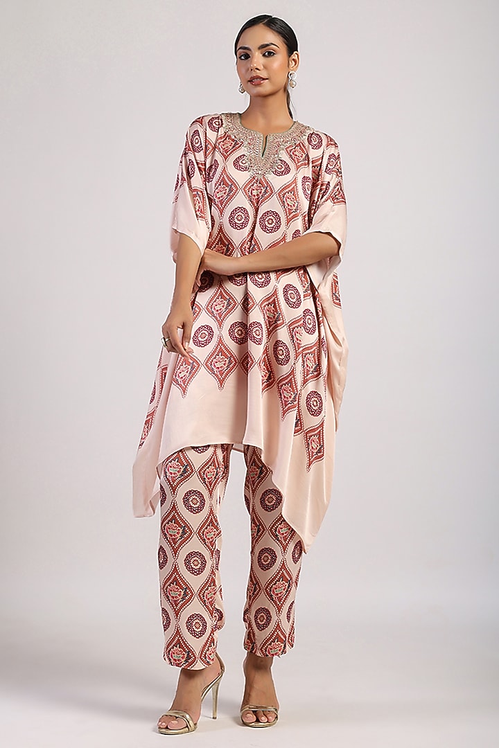 Ivory & Brown Satin Hand Embroidered Draped Poncho Set by Swati Vijaivargie at Pernia's Pop Up Shop