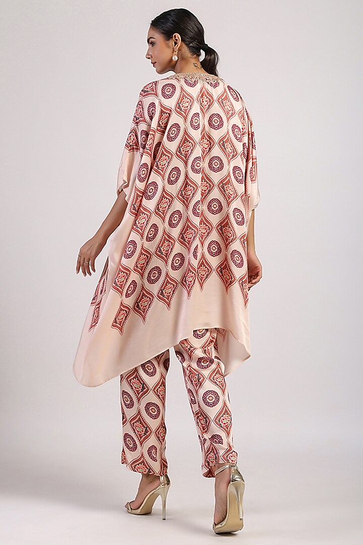 Ivory & Brown Satin Hand Embroidered Draped Poncho Set by Swati Vijaivargie at Pernia's Pop Up Shop