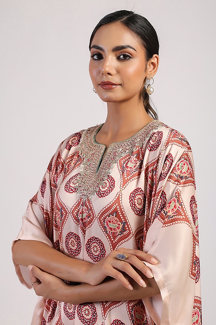Ivory & Brown Satin Hand Embroidered Draped Poncho Set by Swati Vijaivargie at Pernia's Pop Up Shop