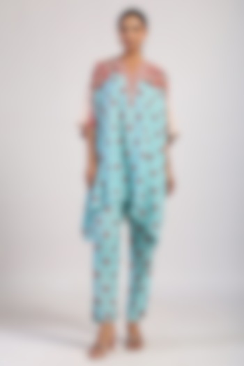 Aqua Silk Hand Embroidered Draped Poncho Set by Swati Vijaivargie at Pernia's Pop Up Shop