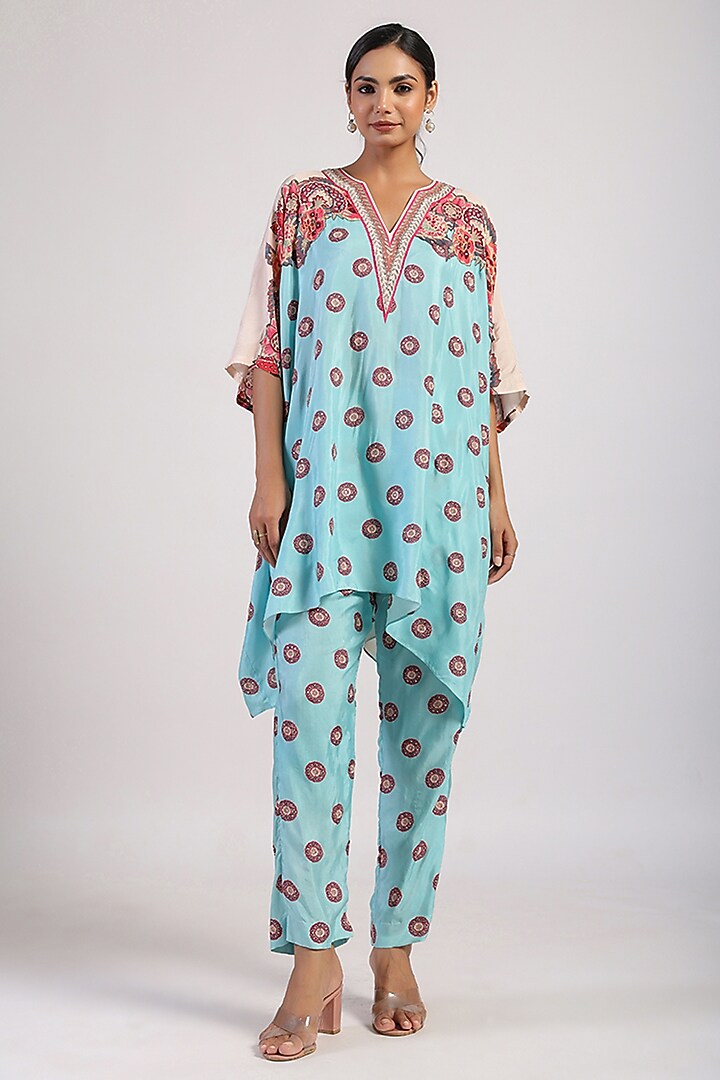 Aqua Silk Hand Embroidered Draped Poncho Set by Swati Vijaivargie at Pernia's Pop Up Shop