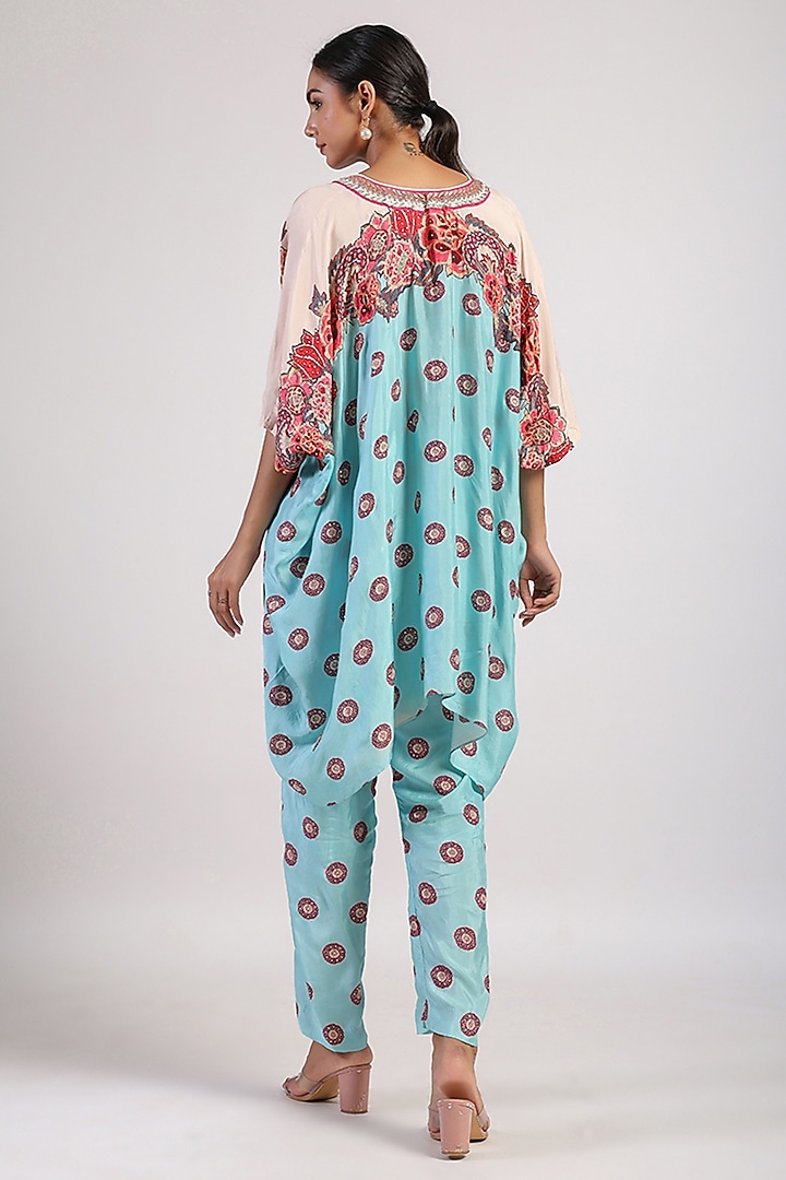 Aqua Silk Hand Embroidered Draped Poncho Set by Swati Vijaivargie at Pernia's Pop Up Shop