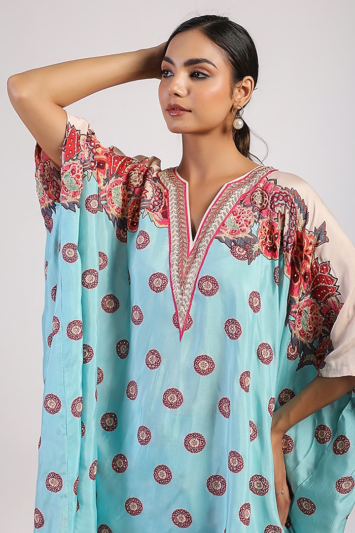 Aqua Silk Hand Embroidered Draped Poncho Set by Swati Vijaivargie at Pernia's Pop Up Shop