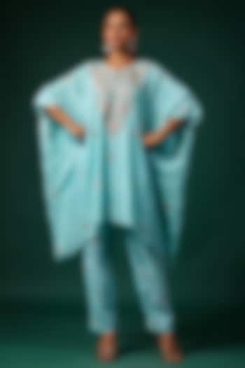 Aqua Silk Motif Embroidered Poncho Set by Swati Vijaivargie at Pernia's Pop Up Shop