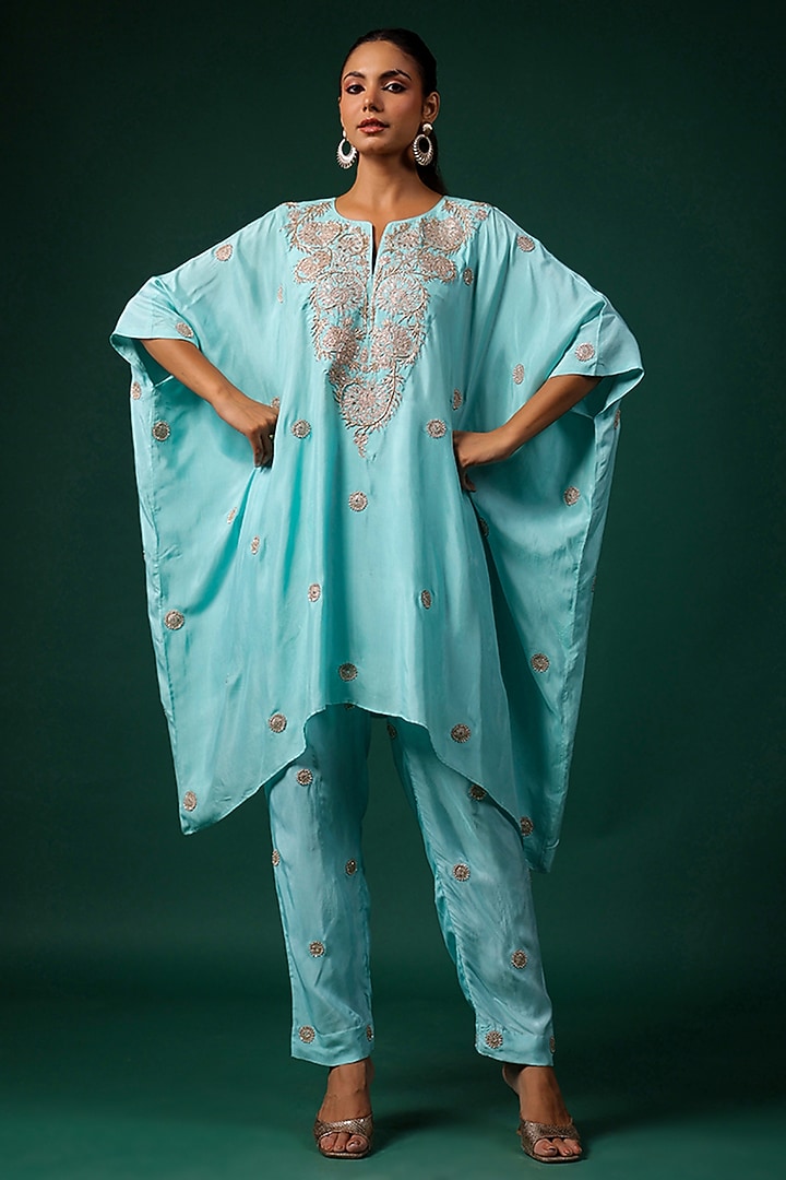 Aqua Silk Motif Embroidered Poncho Set by Swati Vijaivargie at Pernia's Pop Up Shop