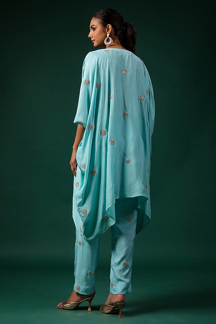 Aqua Silk Motif Embroidered Poncho Set by Swati Vijaivargie at Pernia's Pop Up Shop