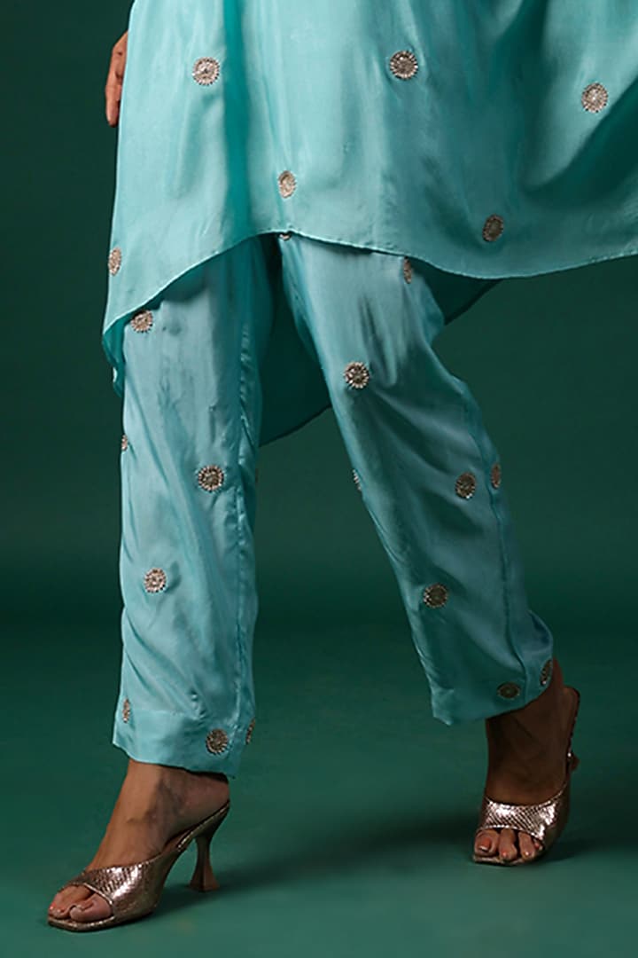 Aqua Silk Motif Embroidered Poncho Set by Swati Vijaivargie at Pernia's Pop Up Shop