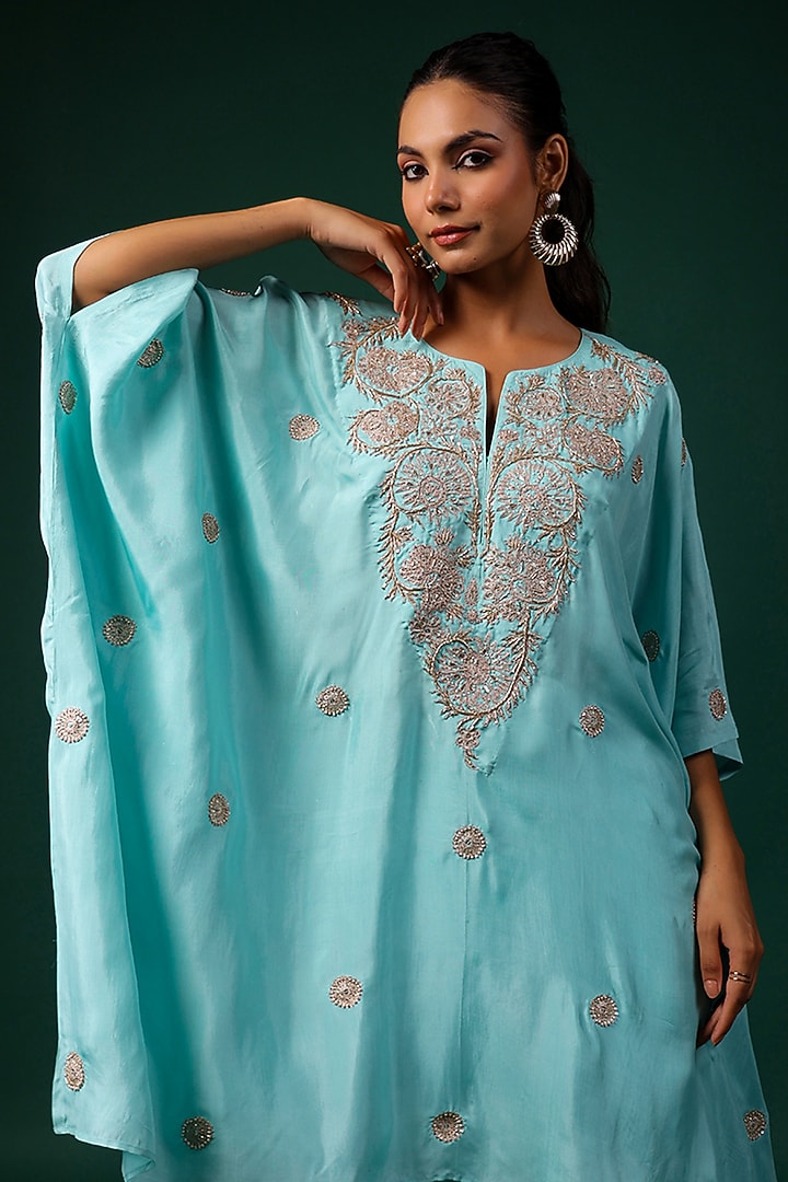 Aqua Silk Motif Embroidered Poncho Set by Swati Vijaivargie at Pernia's Pop Up Shop