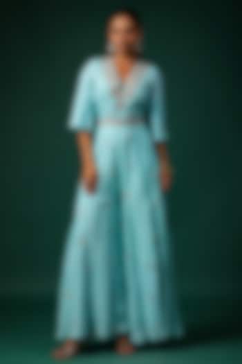 Aqua Silk Motif Embroidered Jumpsuit With Belt by Swati Vijaivargie at Pernia's Pop Up Shop