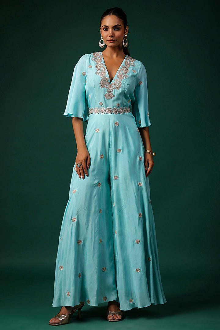 Aqua Silk Motif Embroidered Jumpsuit With Belt by Swati Vijaivargie at Pernia's Pop Up Shop