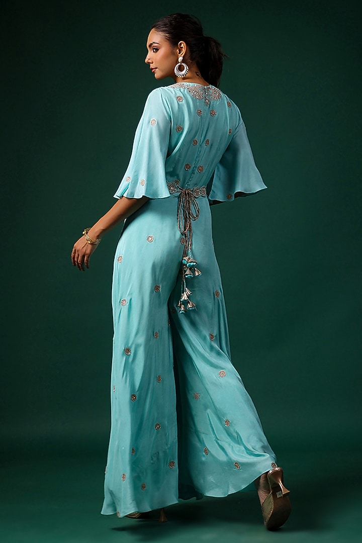 Aqua Silk Motif Embroidered Jumpsuit With Belt by Swati Vijaivargie at Pernia's Pop Up Shop