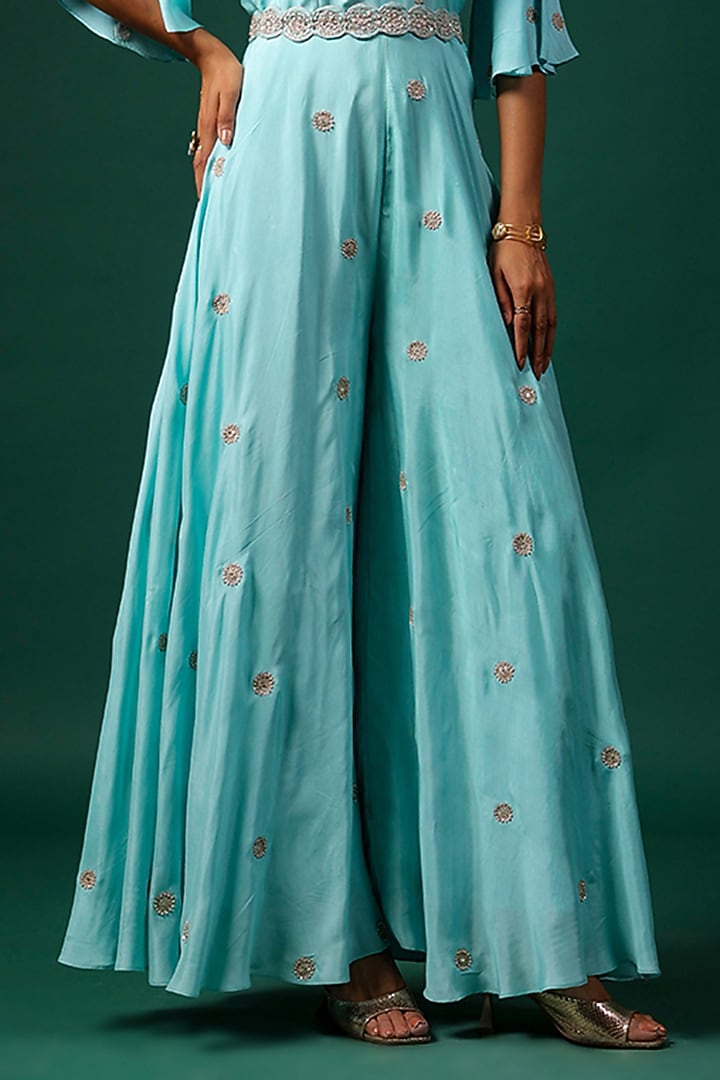 Aqua Silk Motif Embroidered Jumpsuit With Belt by Swati Vijaivargie at Pernia's Pop Up Shop