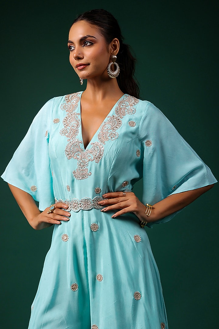Aqua Silk Motif Embroidered Jumpsuit With Belt by Swati Vijaivargie at Pernia's Pop Up Shop