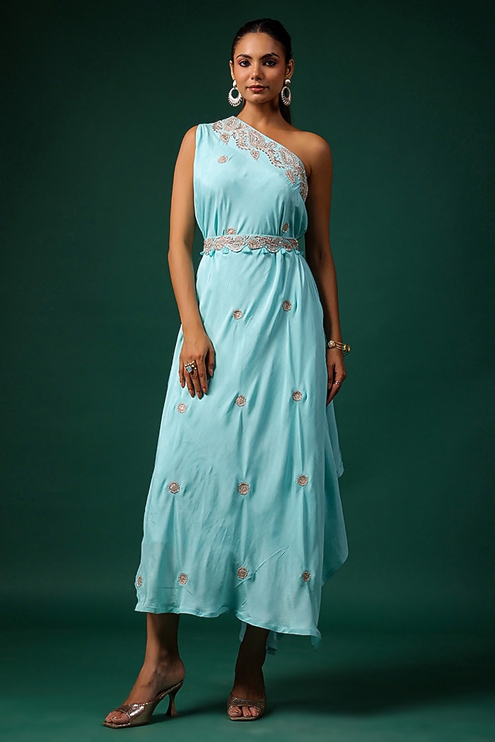Aqua Silk Embroidered One-Shoulder Cocktail Dress With Belt by Swati Vijaivargie at Pernia's Pop Up Shop