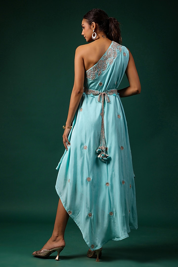 Aqua Silk Embroidered One-Shoulder Cocktail Dress With Belt by Swati Vijaivargie at Pernia's Pop Up Shop