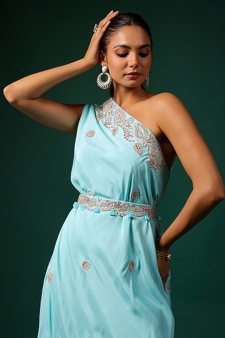 Aqua Silk Embroidered One-Shoulder Cocktail Dress With Belt by Swati Vijaivargie at Pernia's Pop Up Shop
