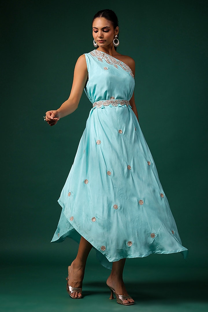 Aqua Silk Embroidered One-Shoulder Cocktail Dress With Belt by Swati Vijaivargie at Pernia's Pop Up Shop