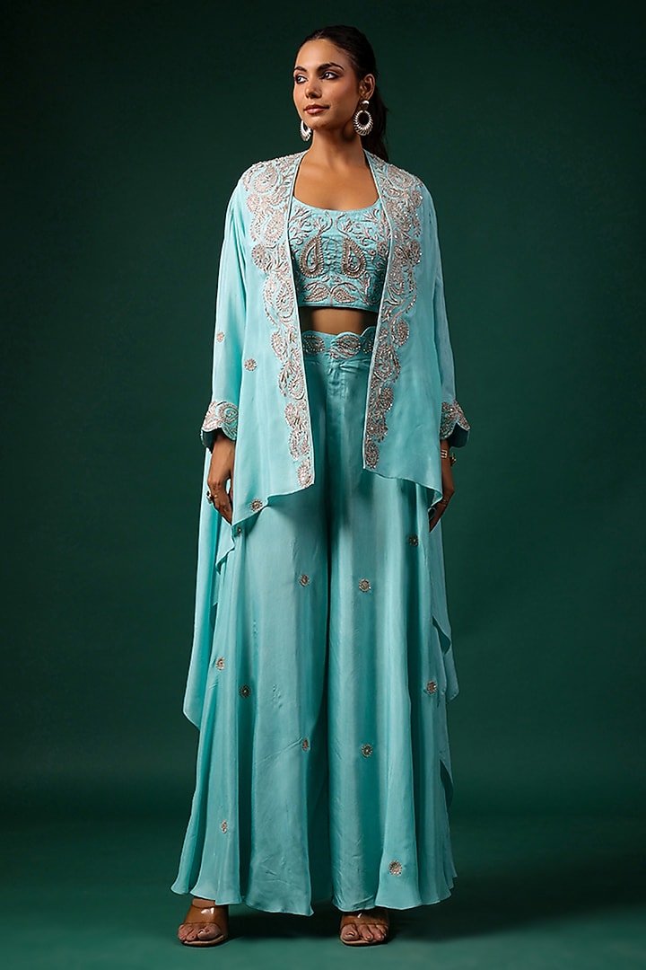Aqua Silk Embroidered Cape Set by Swati Vijaivargie at Pernia's Pop Up Shop