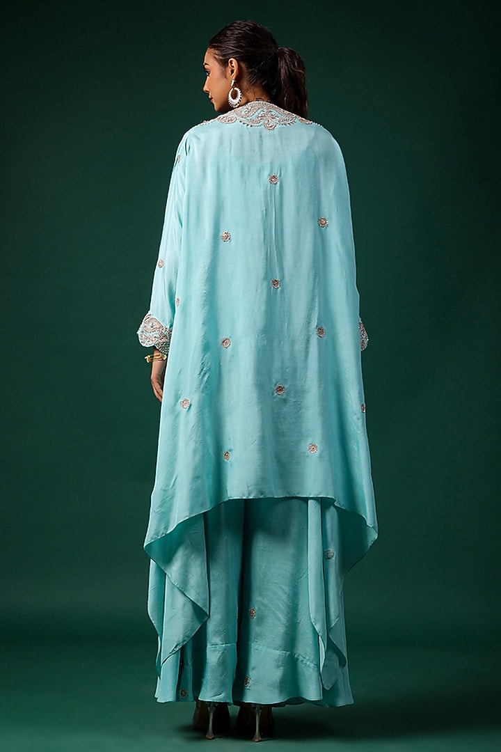 Aqua Silk Embroidered Cape Set by Swati Vijaivargie at Pernia's Pop Up Shop