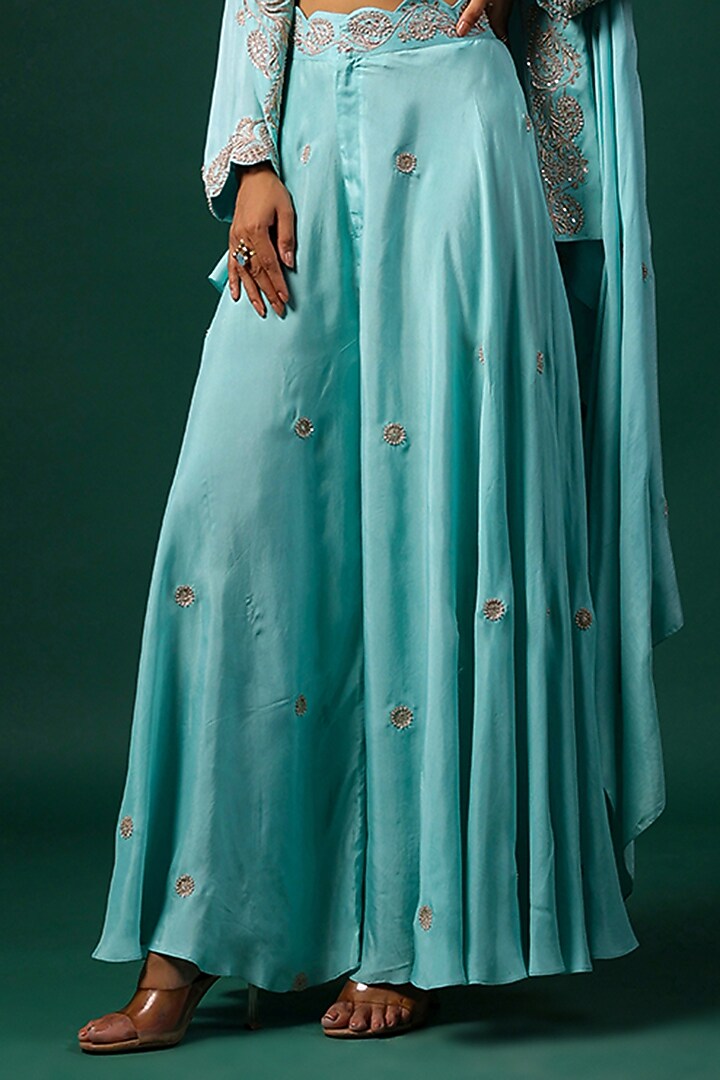 Aqua Silk Embroidered Cape Set by Swati Vijaivargie at Pernia's Pop Up Shop