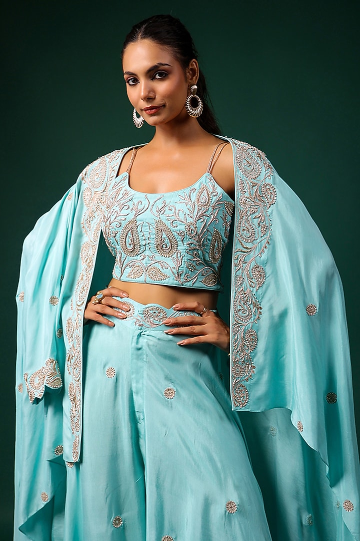 Aqua Silk Embroidered Cape Set by Swati Vijaivargie at Pernia's Pop Up Shop