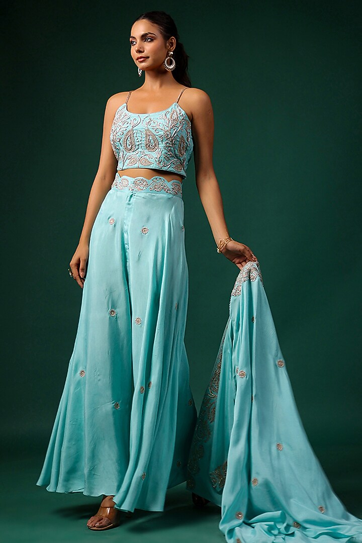 Aqua Silk Embroidered Cape Set by Swati Vijaivargie at Pernia's Pop Up Shop