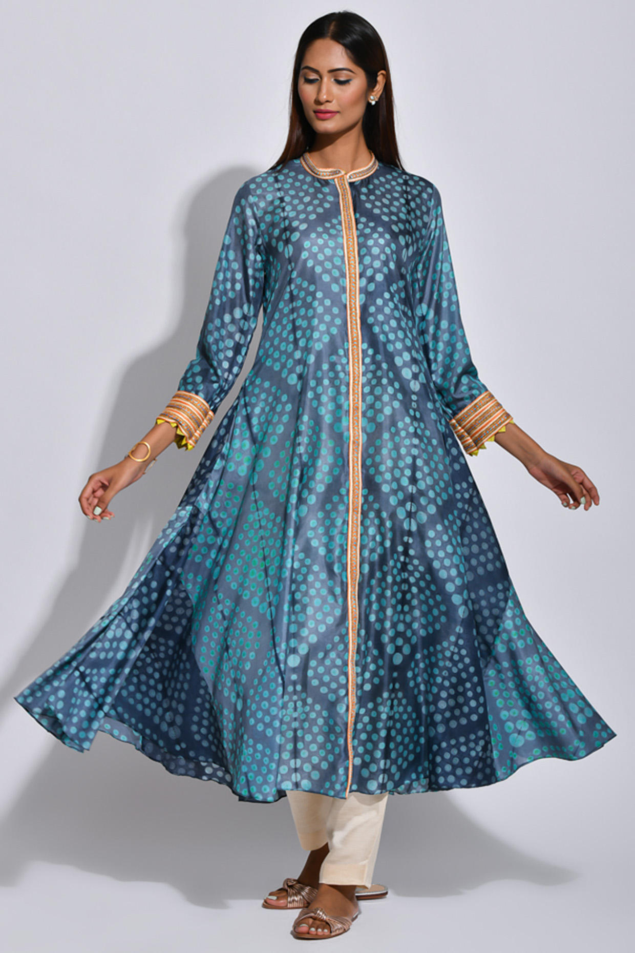 Turquoise Braided Printed Kurta by Swati Vijaivargie at Pernia's Pop Up Shop