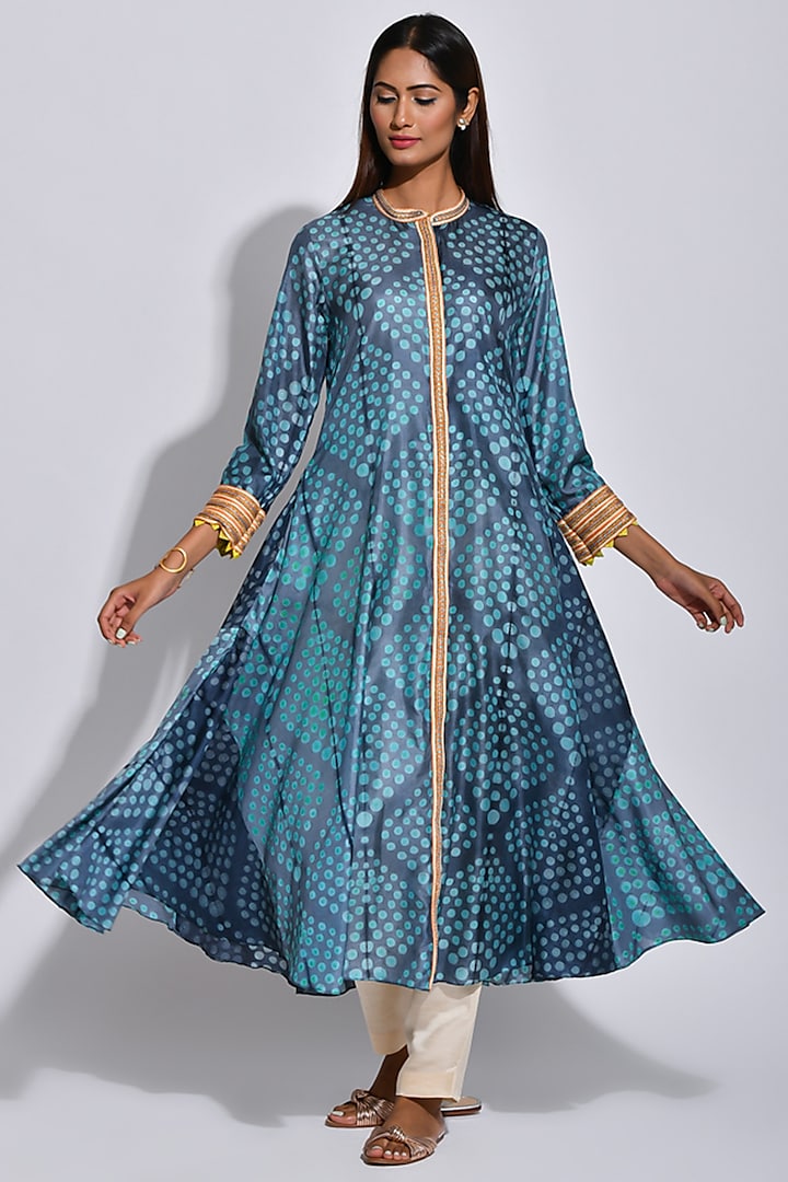 Turquoise Braided Printed Kurta by Swati Vijaivargie at Pernia's Pop Up Shop