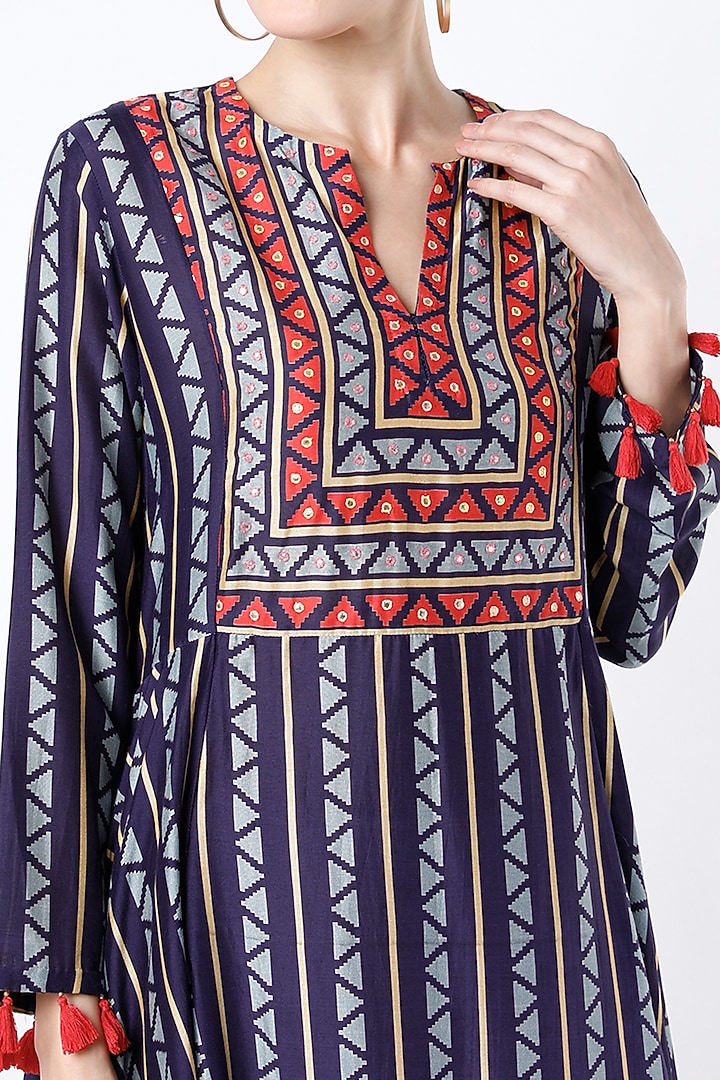 Navy Blue Block Printed Kurta by Swati Vijaivargie at Pernia's Pop Up Shop