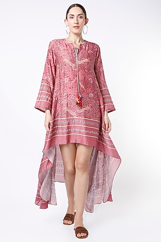 Rose Pink Block Printed & Hand Embroidered Asymmetrical Tunic by Swati Vijaivargie