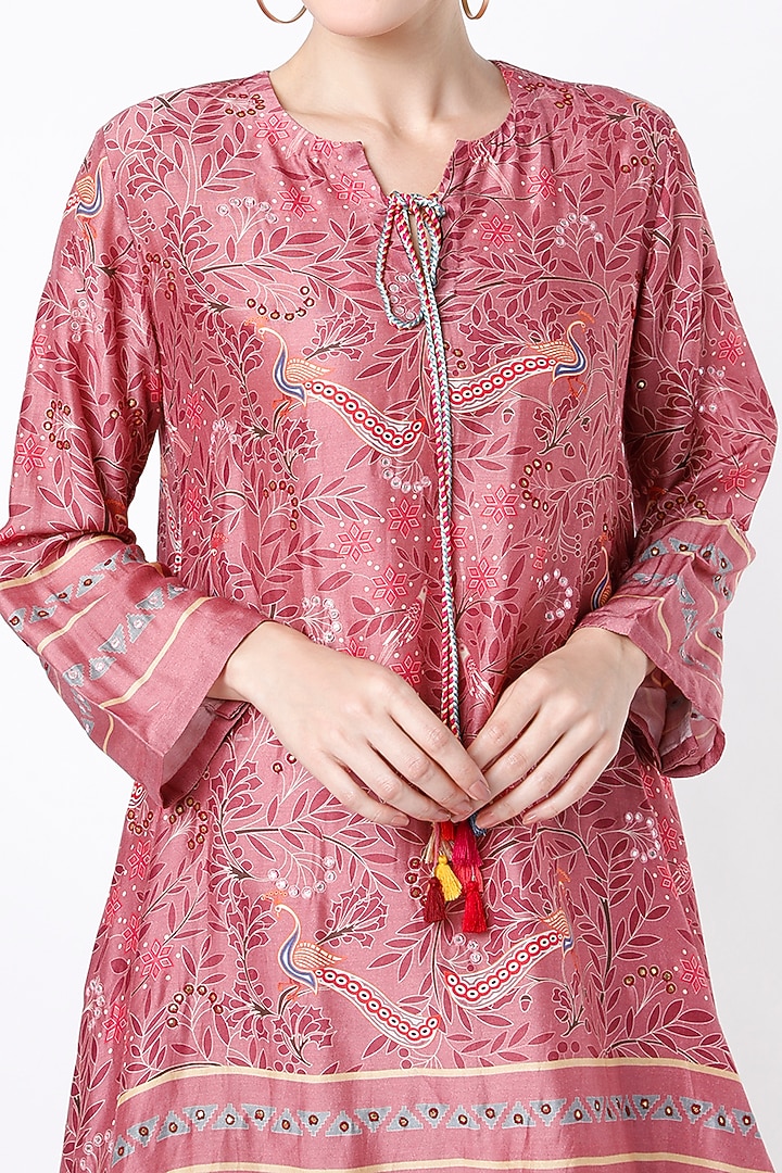 Rose Pink Block Printed & Hand Embroidered Asymmetrical Tunic by Swati Vijaivargie at Pernia's Pop Up Shop