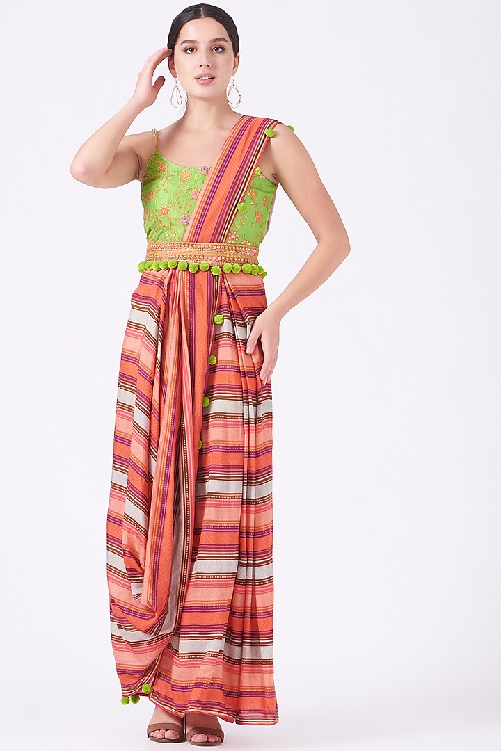 Orange Striped Pre-Pleated Saree Set by Swati Vijaivargie