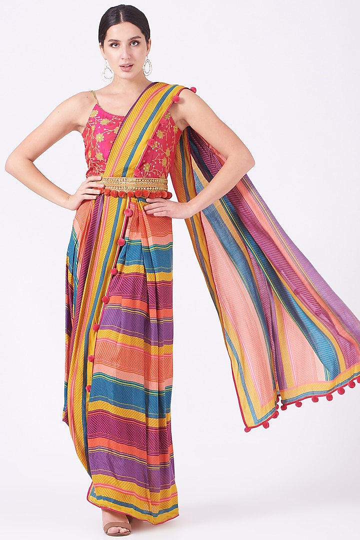 Multi Colored Striped Pre-Pleated Saree Set by Swati Vijaivargie